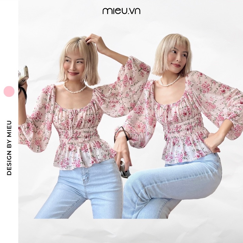 Áo voan hoa nhí cột nơ tay phồng ôm form nữ tính MIEU - JM04