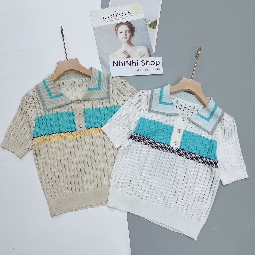 Áo polo len hàn quốc lưới phối màu, Áo len cổ bẻ ngắn tay AL7115 - NhiNhi Shop