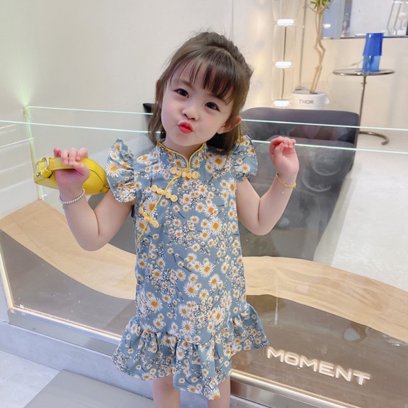 Váy kiểu sườn xám họa tiết hoa xinh xắn dành cho bé gái từ 2-8 tuổi