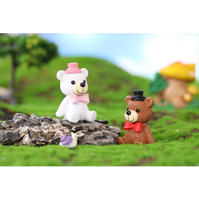 Mô hình gấu Teddy đeo nơ đội mũ cho các bạn trang trí móc khóa, tiểu cảnh, terrarium, DIY