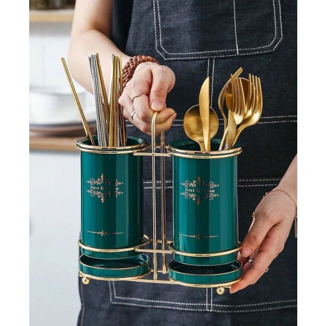 Ống đựng đũa đôi sứ xanh khung inox mạ vàng cao cấp (Hàng đẹp)
