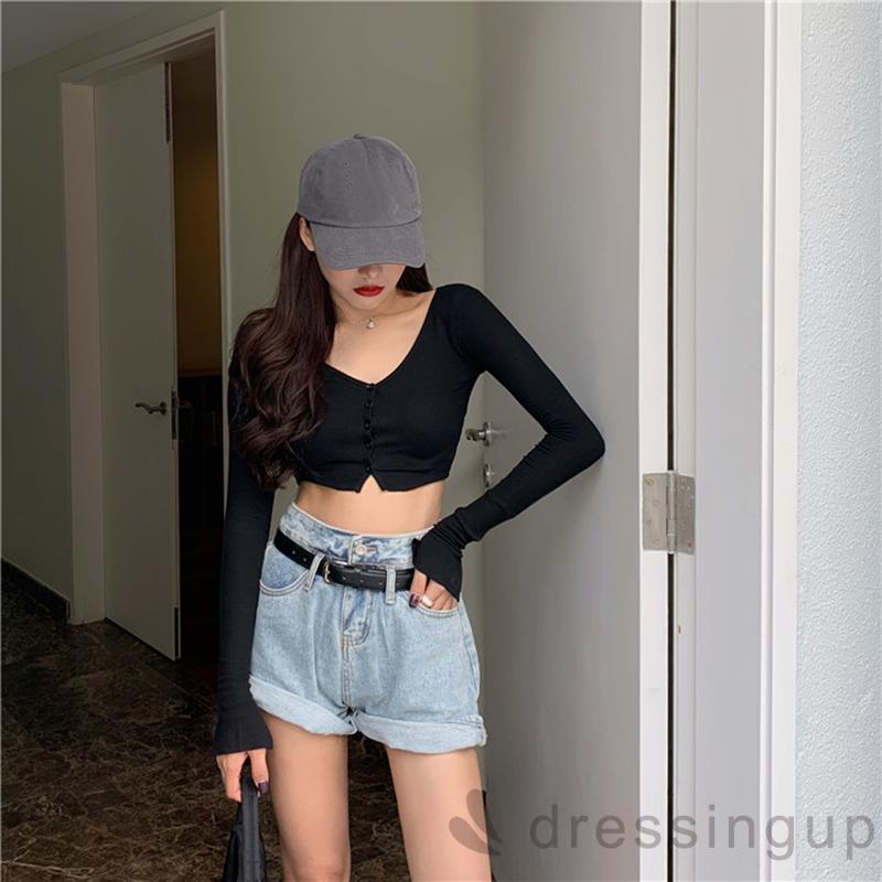  Áo dài tay nữ cổ V phối nút cài | BigBuy360 - bigbuy360.vn