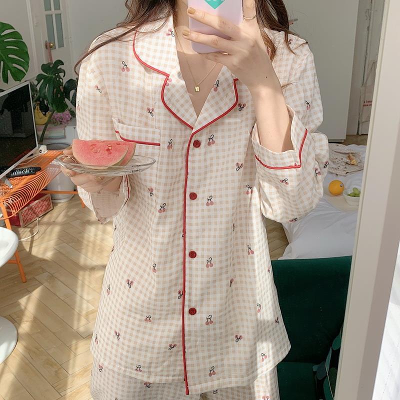 Bộ Đồ Ngủ Tay Dài Dáng Rộng In Họa Tiết Cherry Dễ Thương Phong Cách Hàn Quốc Thời Trang Xuân Thu Cho Nữ