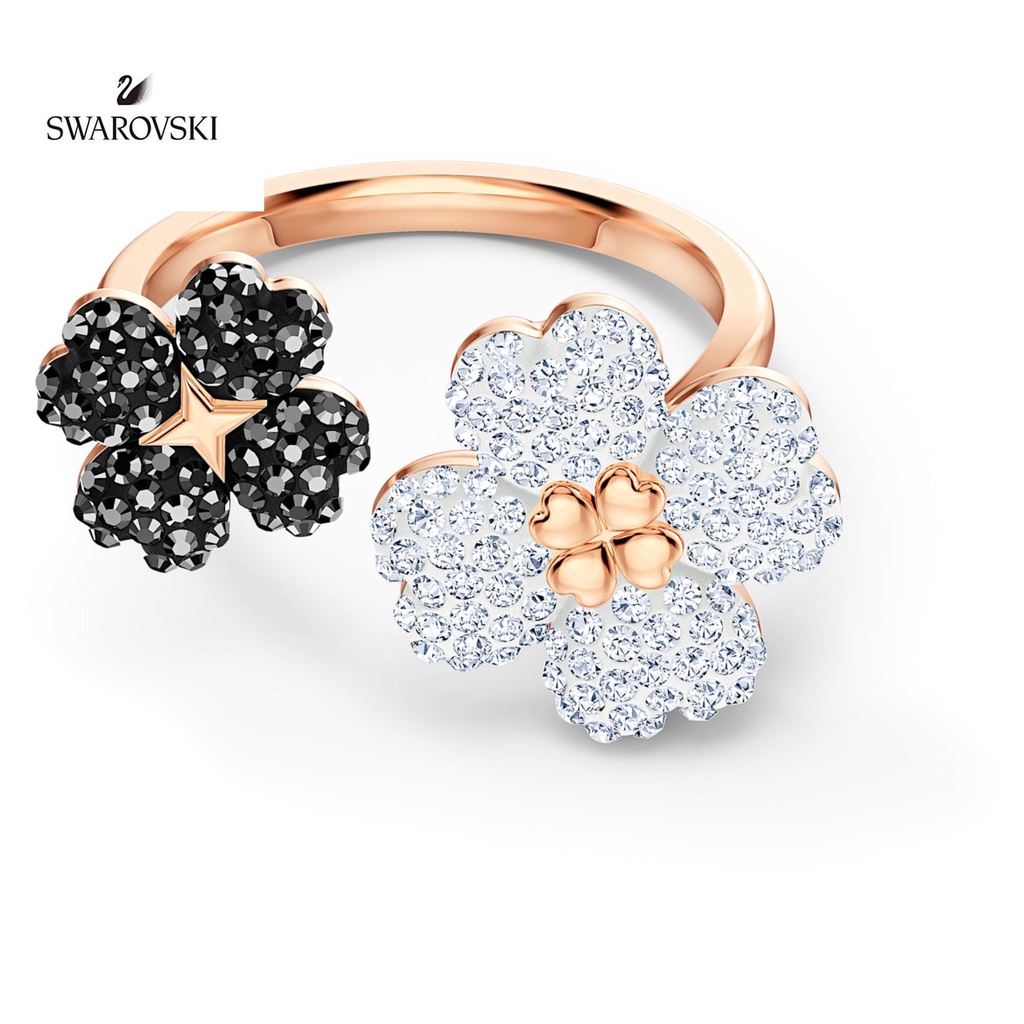 Swarovski Nhẫn Dạng Mở Hình Cỏ Bốn Lá Đính Đá Pha Lê Màu Đen / Trắng Đơn Giản Có Thể Điều Chỉnh