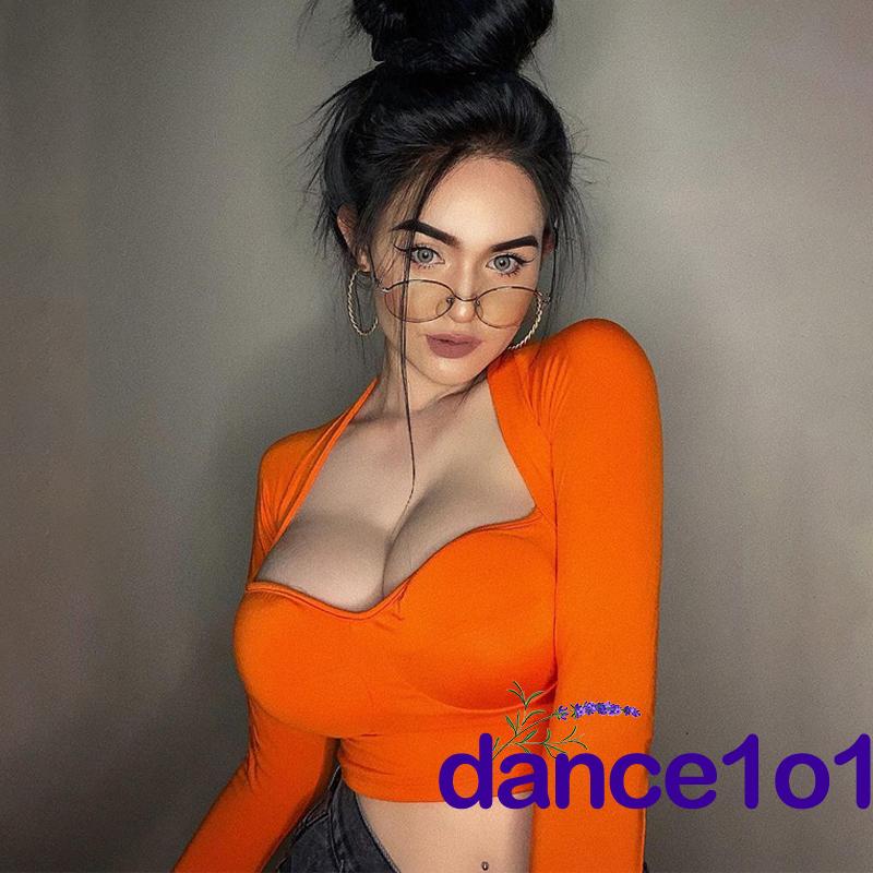 Áo Croptop Tay Dài Cổ Chữ V Màu Trơn