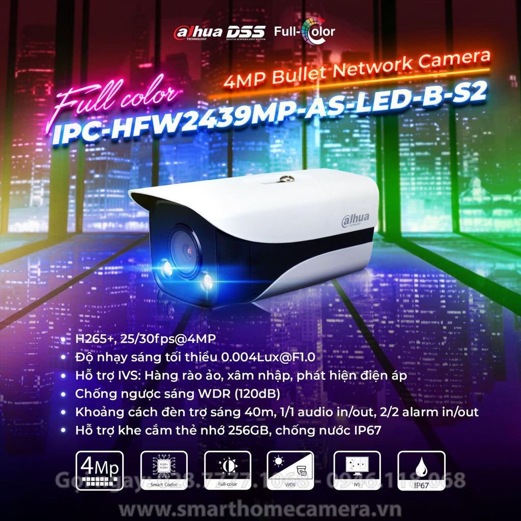 Camera IP DAHUA DH-IPC-HFW2439MP-AS-LED-B-S2 4.0 MegapixeL Có màu ban đêm -Hàng chính hãng Bh 2 Năm