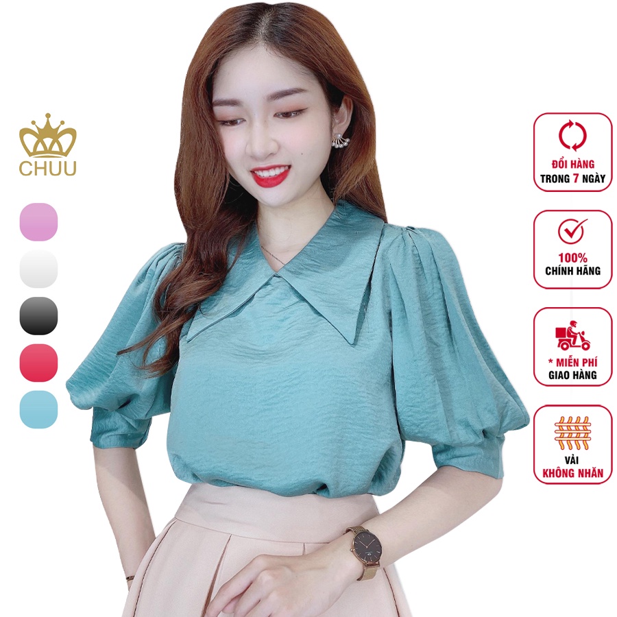 Áo sơ mi nữ công sở lụa tằm ướt cổ nhọn CHUU A5435