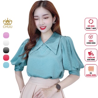 Áo sơ mi nữ công sở lụa tằm ướt cổ nhọn CHUU A5435