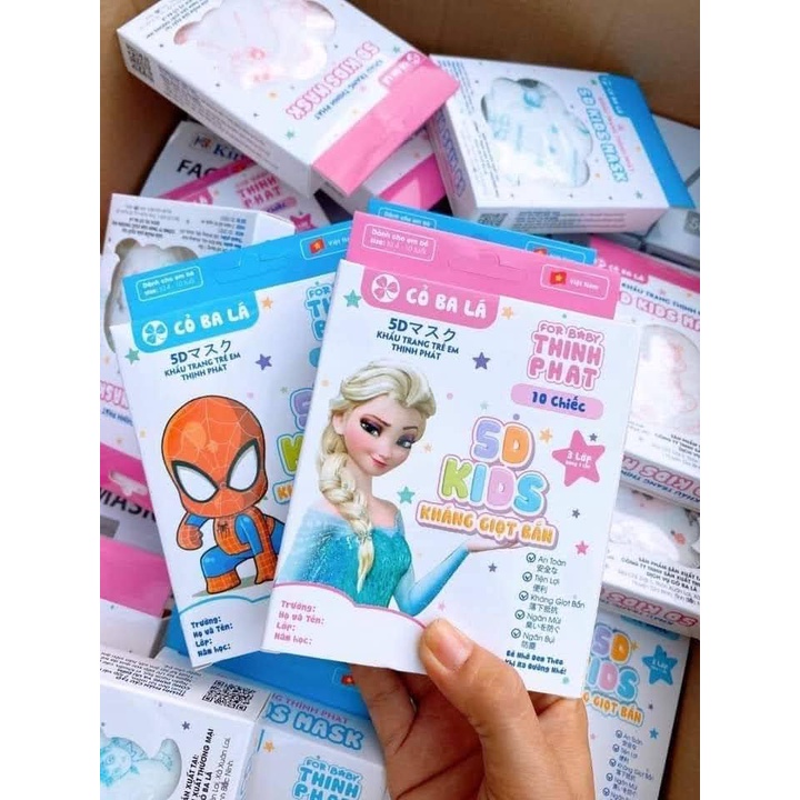 Khẩu trang 5D trẻ em Cỏ Ba Lá Thịnh Phát, hộp 10 cái, khẩu trang 5d mask cho bé 4-10 tuổi, 3 lớp kháng khuẩn, nhiều màu
