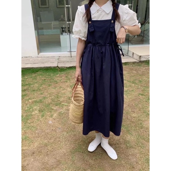 Set yếm vitage rút eo kèm áo sơmi trắng tay bèo