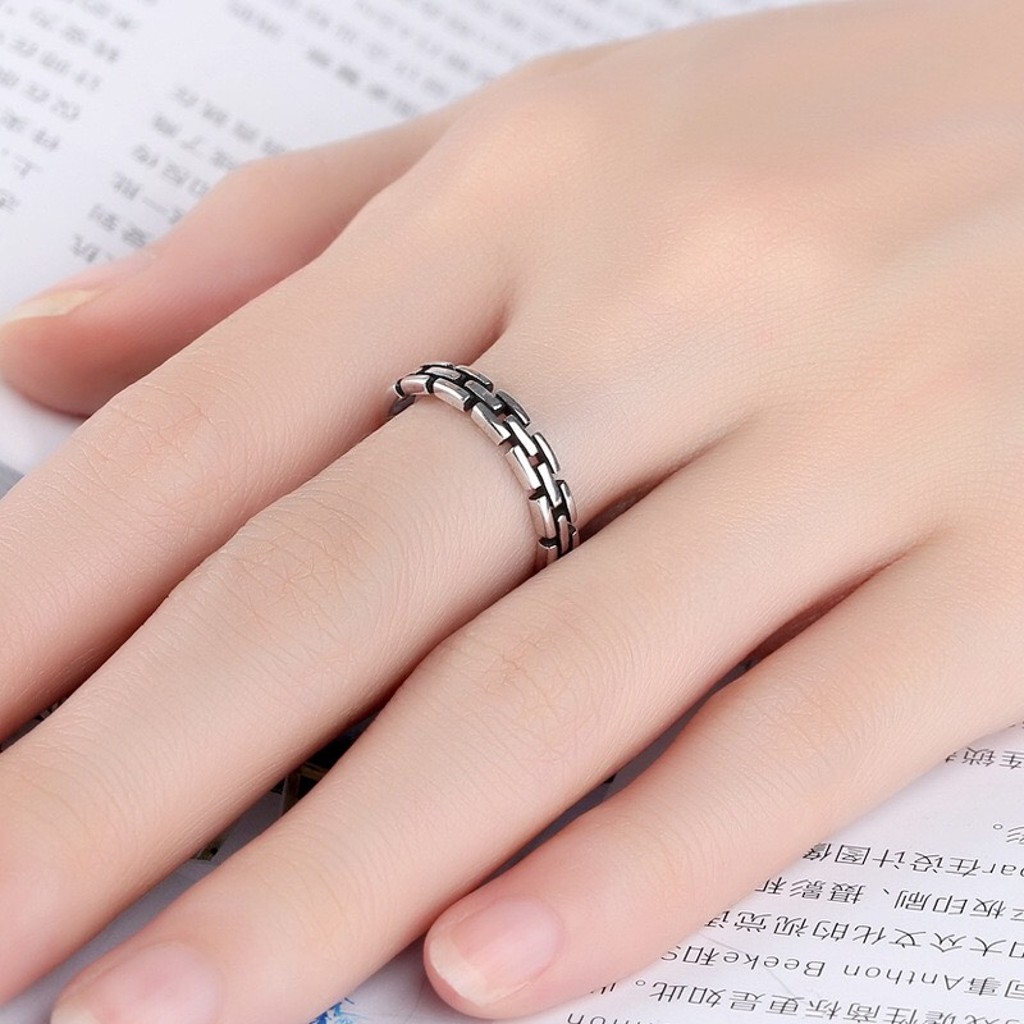 Nhẫn nam nữ mạ bạc 925, Nhẫn nữ hình chữ nhật khâu rỗng phong cách thanh lịch sang trọng, Unisex, Cá tính, 1 chiếc