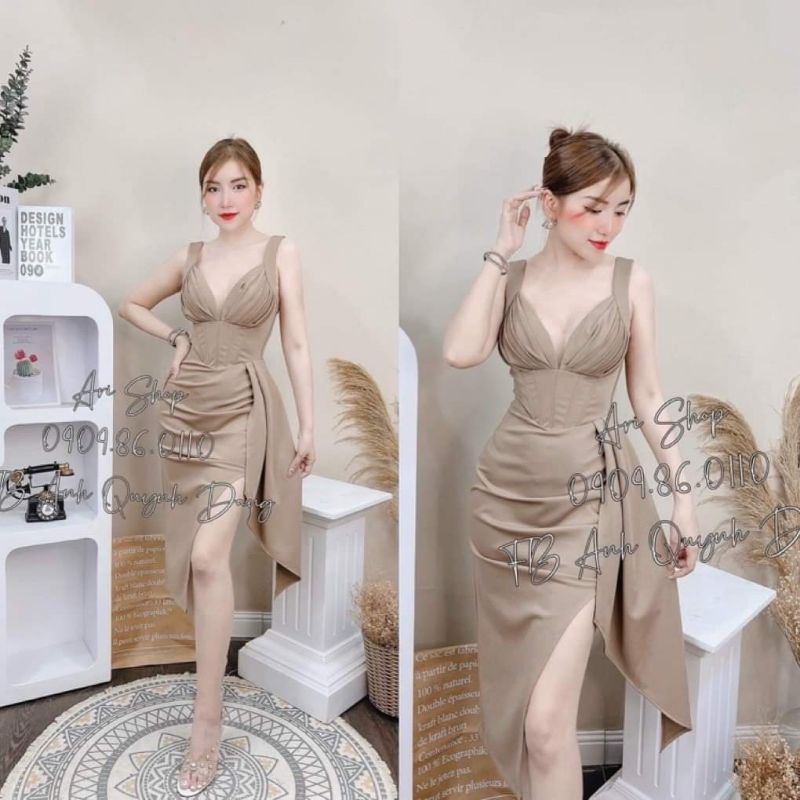 Đầm body tà đổ xẻ ngực phối lưới