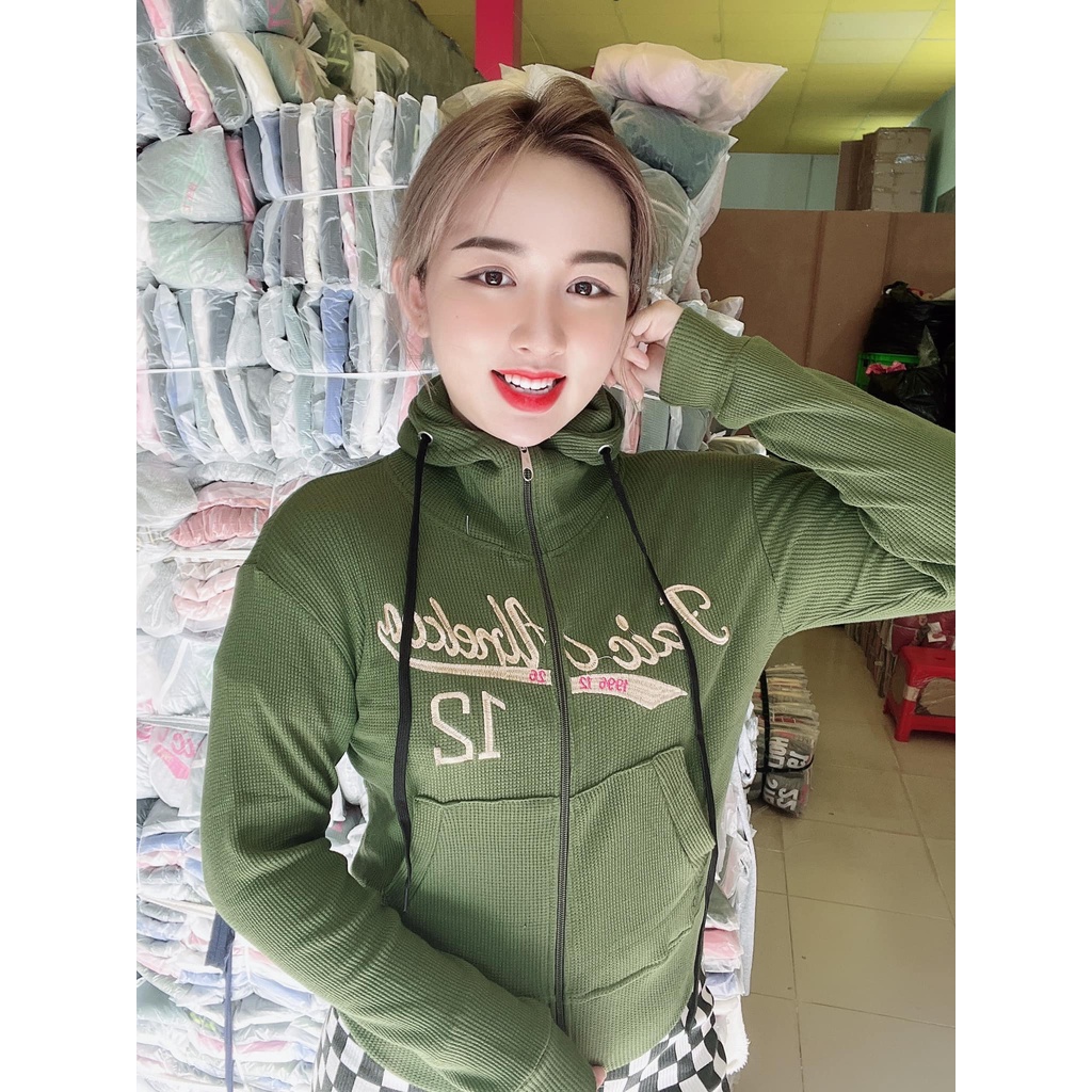 Áo khoác nữ có nón chất thun gân tăm mềm mát co giãn lên phom siêu ôm dáng phối sọc dễ thương