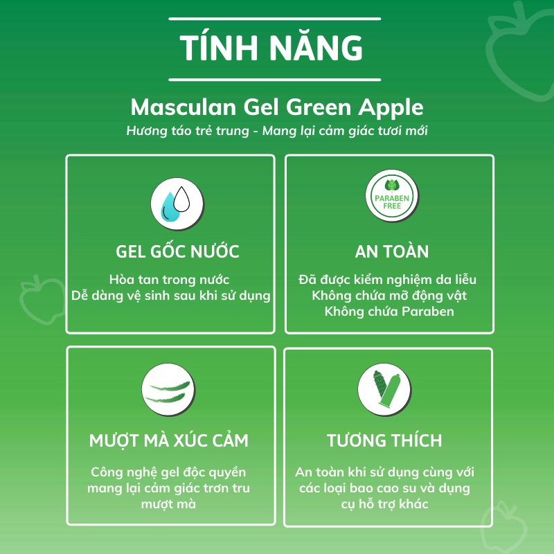 Gel bôi trơn cao cấp Masculan Green Apple - Trơn tru - Gốc nước - Không chất bảo quản - An toàn - 75ml