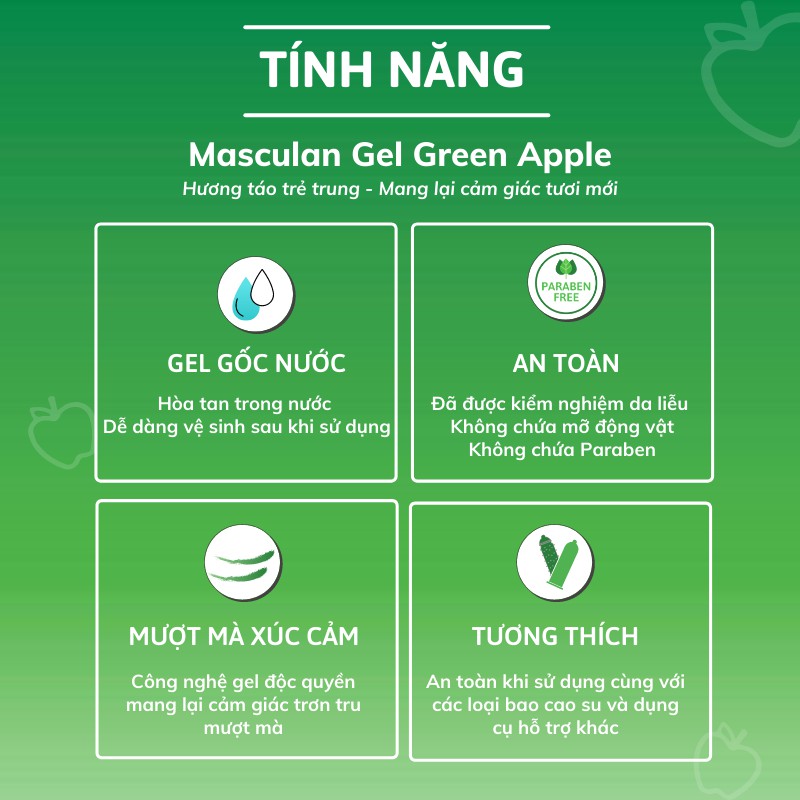 Gel bôi trơn cao cấp Masculan Green Apple - Trơn tru - Gốc nước - Không chất bảo quản - An toàn - 75ml