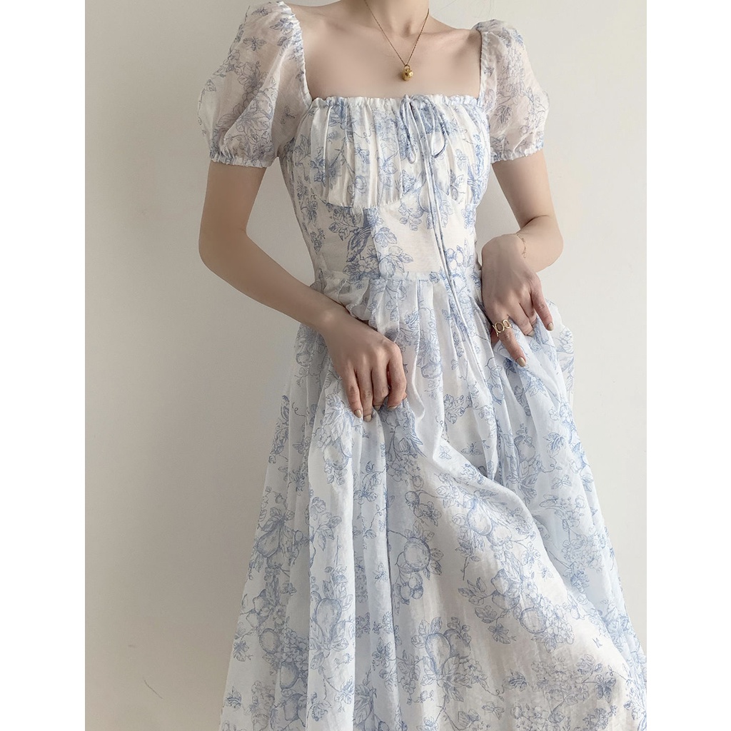 Váy maxi voan hoạ tiết hoa hở vai tay phồng gợi cảm phong cách cổ tích Hàn Quốc thích hợp mặc mùa hè cho nữ