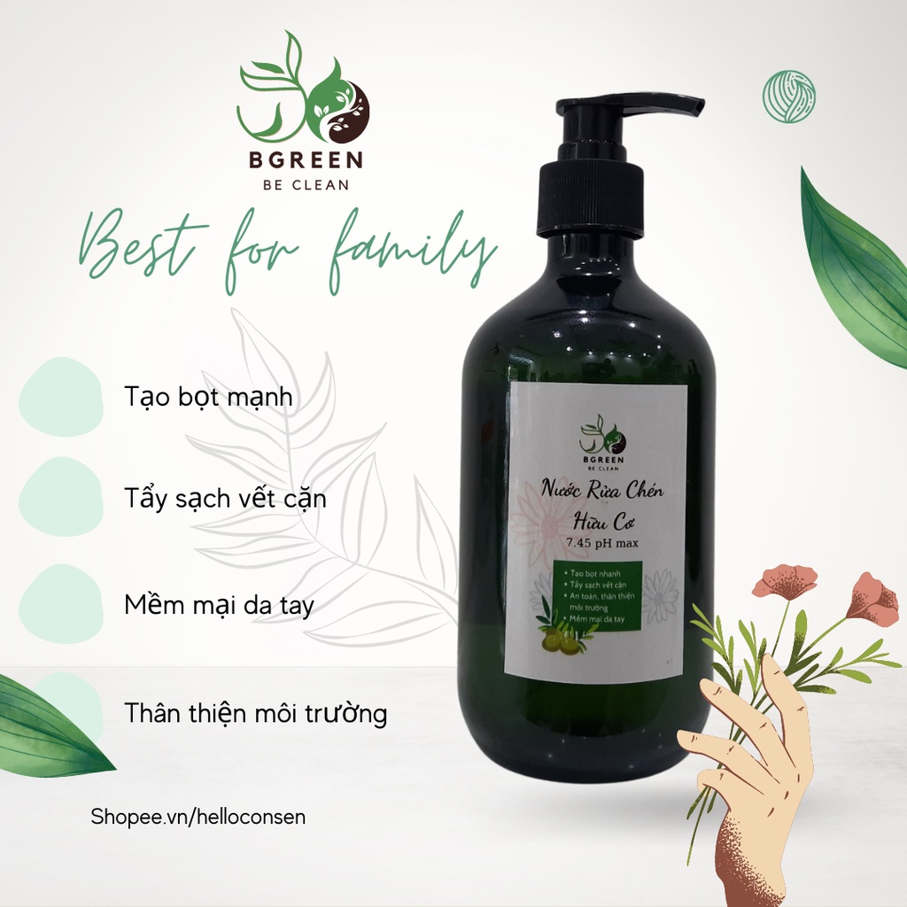 Nước rửa chén hữu cơ BGreen tạo bọt nhiều cân bằng pH mềm mại da tay