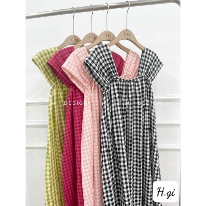 Váy bầu 2 dây bản to chất thô hàn xốp kẻ caro nhiều màu dáng xòe chun ngực dáng midi (Ảnh thật tự chụp)