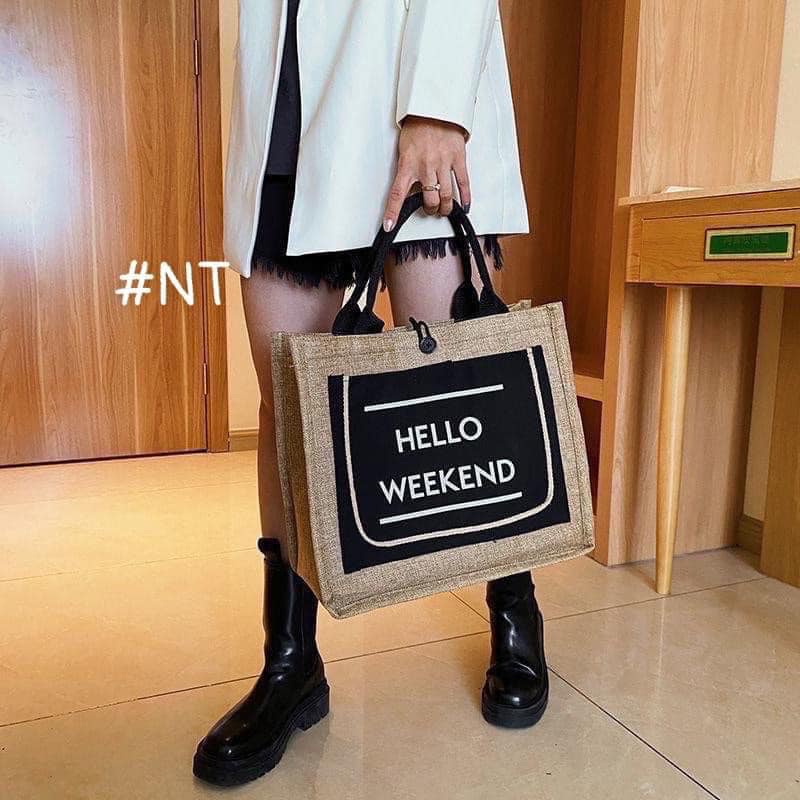 Túi cói du lịch hello weekend Phong cách Hàn Quốc