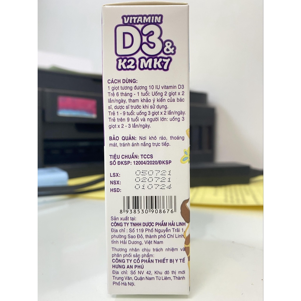 Vitamin D3k2 MK7.Tăng Cường Hấp Thu Canxi Giúp Xương Răng Chắc Khỏe .Lọ 10ml