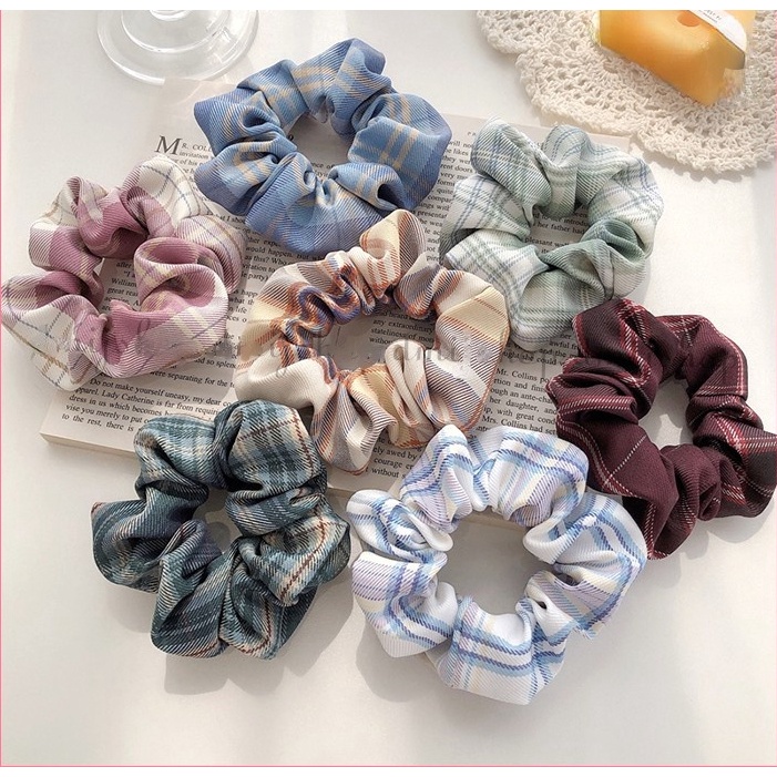 Cột Tóc Vải Scrunchies Họa Tiết Caro Vintage Hàn Quốc, Dây Buộc Tóc Scrunchies Cứng JP5