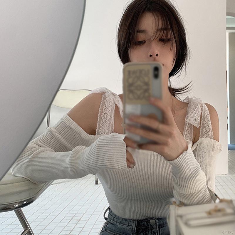 Áo croptop hở vai tay dài phối dây cột ren phong cách Hàn Quốc dành cho nữ