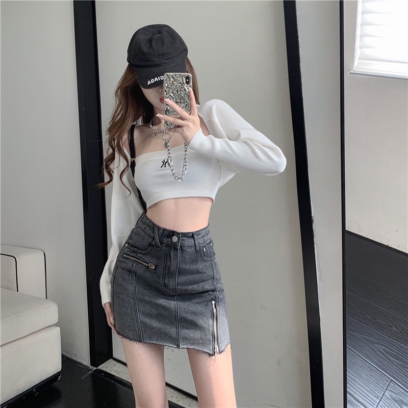 Chân Váy Denim Chữ A Lưng Cao Có Khóa Kéo Thời Trang Mùa Hè Phong Cách Trung Hoa