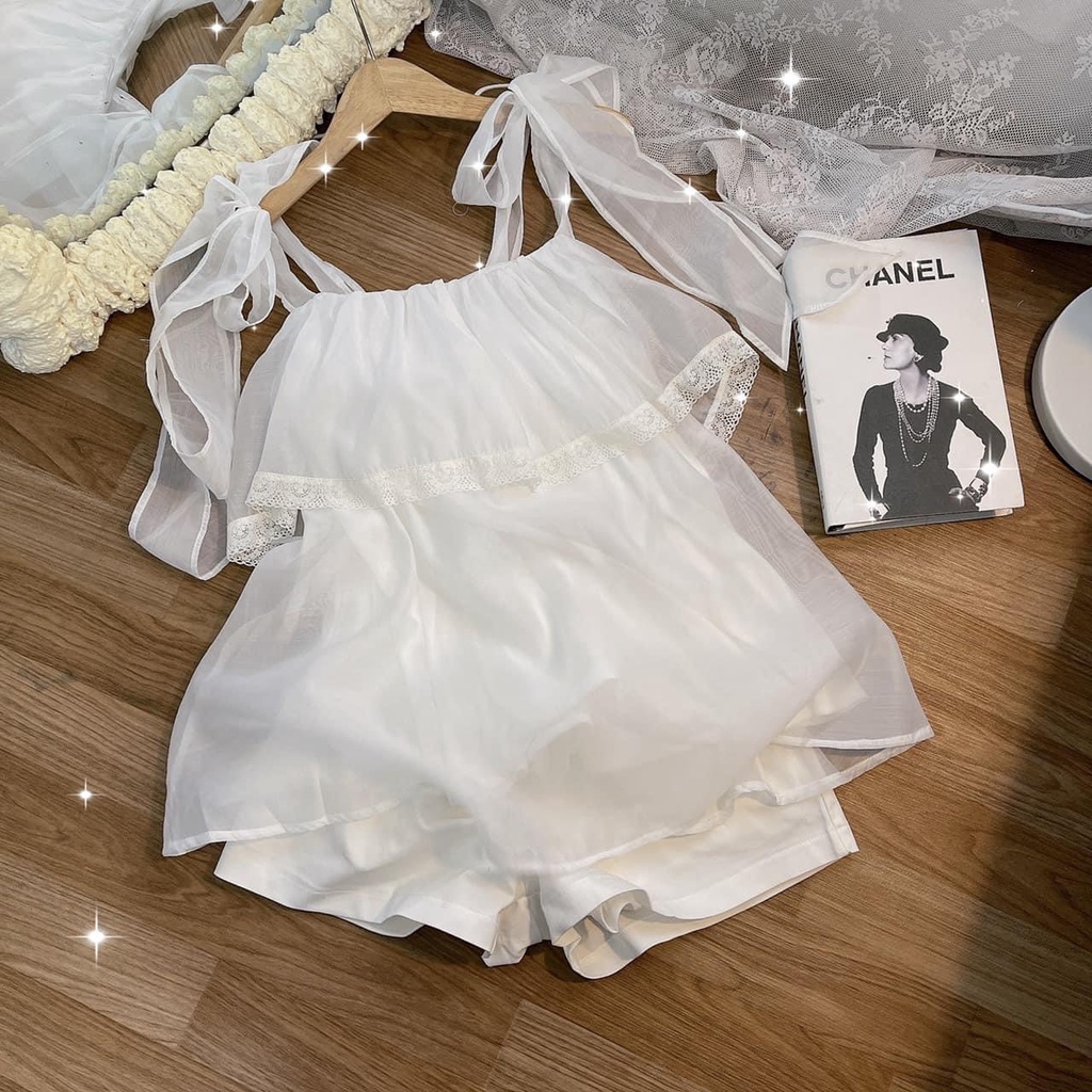 Set 2 dây áo babydoll bánh bèo tơ xinh xắn mix quần short đùi TA596