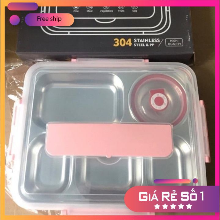 Hộp cơm 5 ngăn inox 304 Có Nắp Đậy tặng kèm bộ muỗng đũa inox siêu tiện lợi | BigBuy360 - bigbuy360.vn