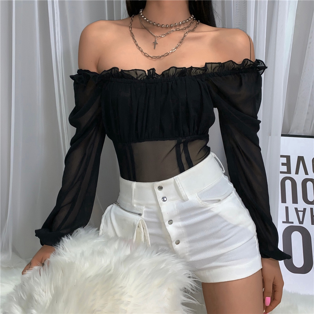 Sexy Off Shoulder Mesh Patchwork Slim Bodysuit Women Long Sleeve Ruffle Rompers | BigBuy360 - bigbuy360.vn