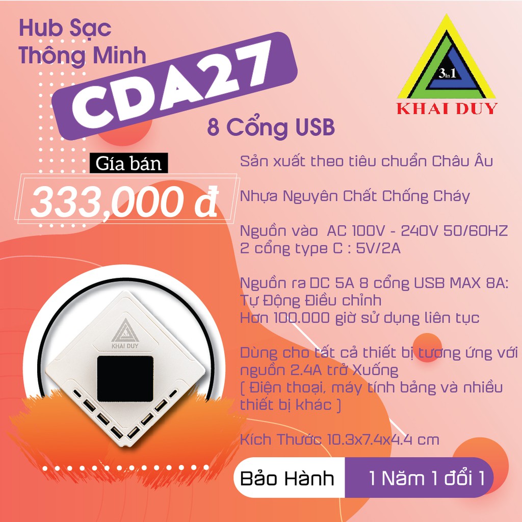 Hub USB 8 Cổng Sạc CDA27 Sạc Siêu Nhanh Tự Động Ngắt Kết Nối Khi Thiết Bị Đầy- Bảo Hành 12 Tháng