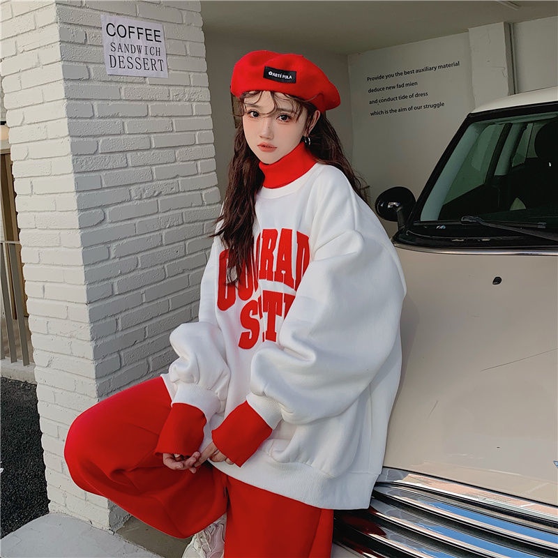 Set đồ thể thao gồm áo sweater + quần dài phong cách đường phố thời trang thu đông 2024 cho nữ