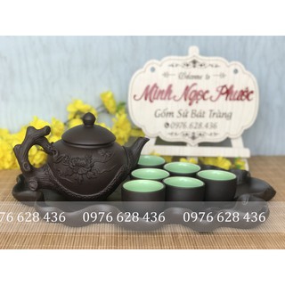 ấm chén bát tràng 🍀 𝗙𝗥𝗘𝗘 𝗦𝗛𝗜𝗣 🍀 Bộ ấm trà Tử Sa KHAY LÁ SEN dung tích 500 ml hoa văn đắp nổi gốc ĐEN