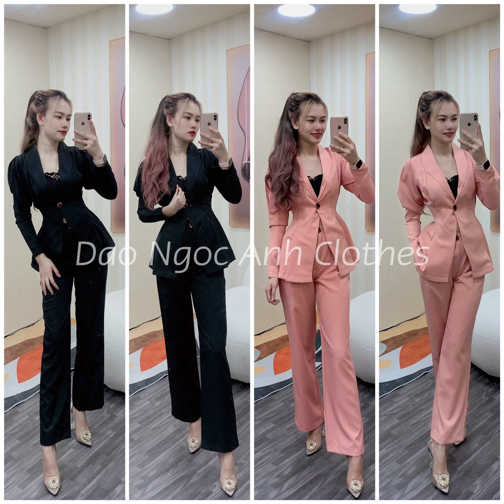 Set vest tay dài một nút chít eo kèm quần tây chất kaki thun siêu thoáng mát, thoải mái