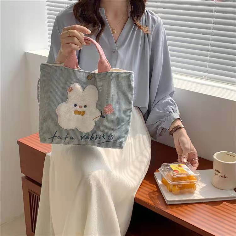 Túi Vải Canvas Mềm Thêu Hình Thỏ Dễ Thương Phong Cách Nhật Bản