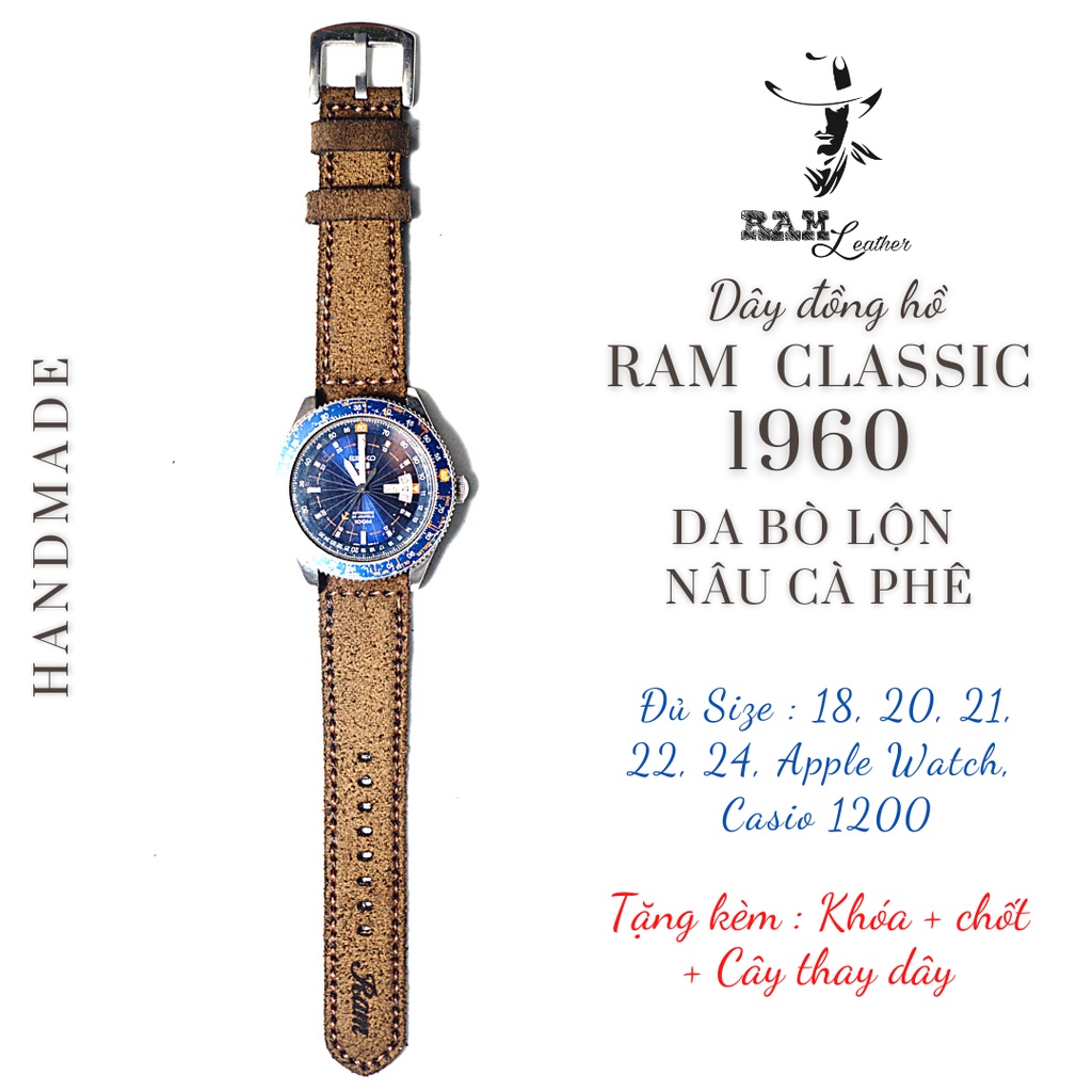 Dây đồng hồ RAM Leather vintage Classic 1960 da bò thật nâu cà phê