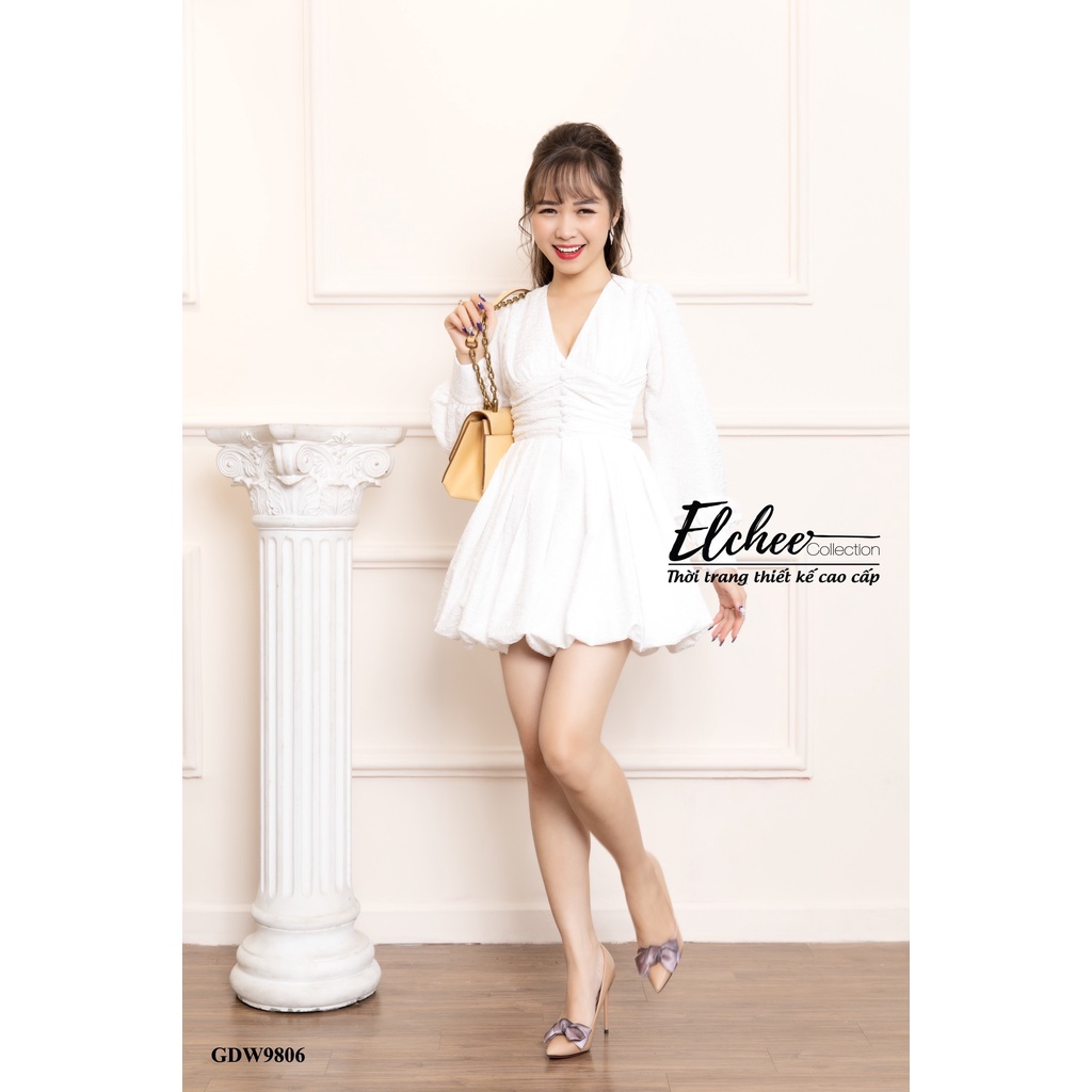 Đầm Trắng Nhún - Đầm trắng nhún xòe bèo tay dài thiết kế cao cấp Elchee Collection | BigBuy360 - bigbuy360.vn