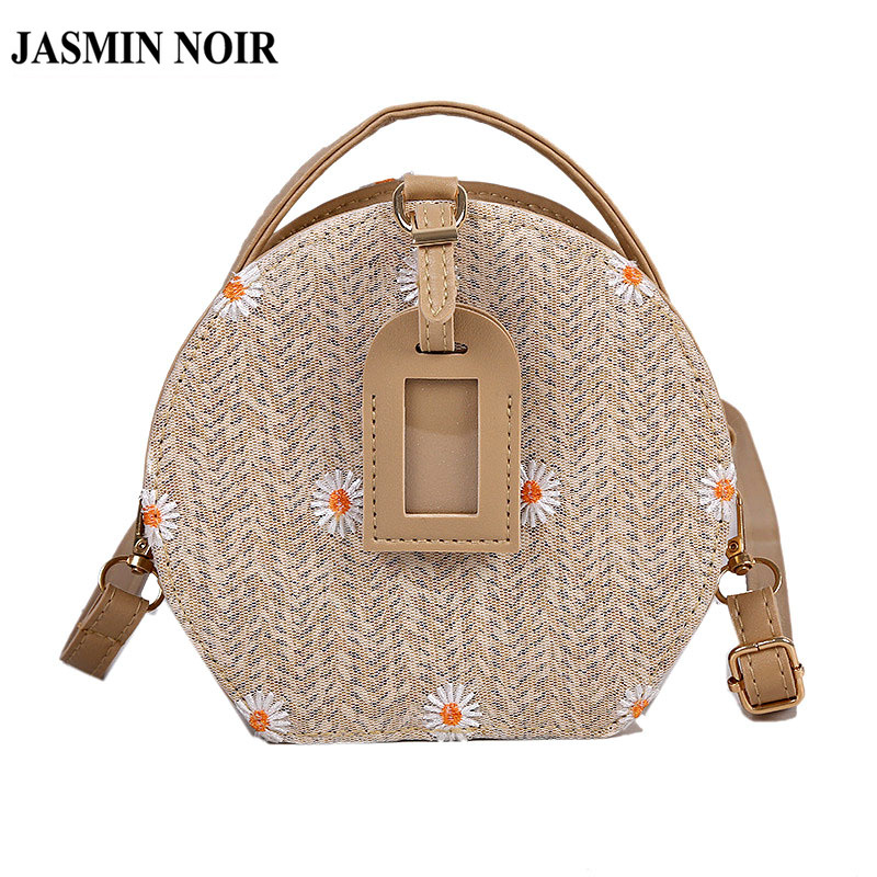 Túi cói JASMIN NOIR hình tròn nhỏ đeo chéo kiểu dáng đơn giản phong cách retro dành cho nữ