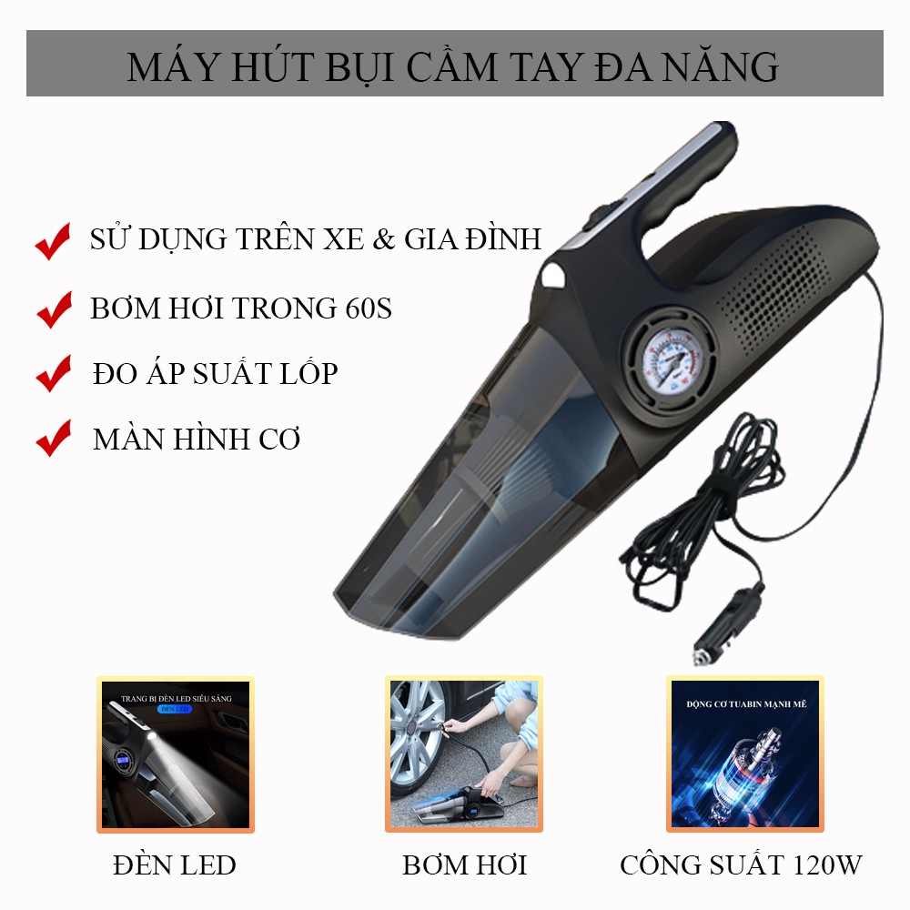 Máy Hút Bụi Oto Đa Năng, Sử Dụng Cho Gia Đình, Trên Xe Oto, Lực Hút Khỏe, Bơm Hơi Kiểm Tra Áp Suất Lốp, Bảo Hành 2 Năm