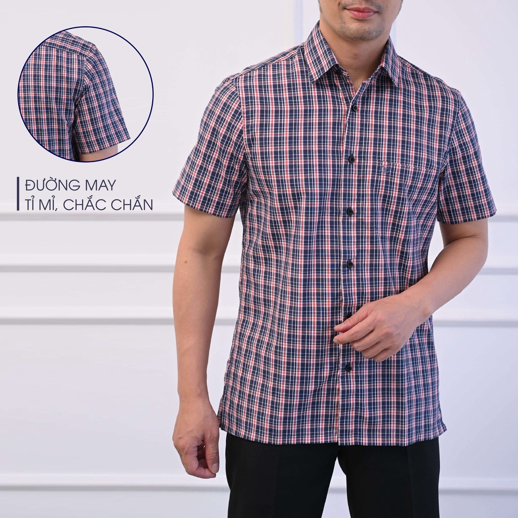 Áo Sơ Mi Nam Ngắn Tay Trung Niên ANCHI Cotton Ấn Độ Cao Cấp Hoạ Tiết Caro Xanh Đỏ