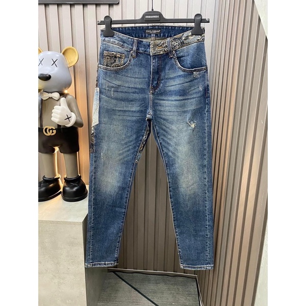 💥CHUẨN 1:1💥Quần Bò Dol.ce & Ga.ba.na xanh mài thêu viền_Quần Jeans D&.G chất vải bò nhập khẩu-Ống Đứng
