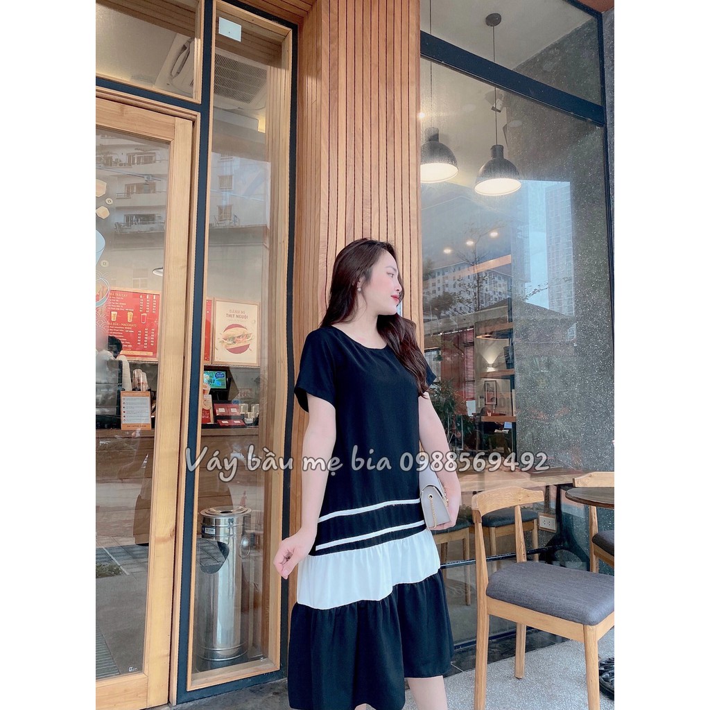 Váy bầu bigsize -Đầm bầu thiết kế GuMe màu đen đuôi cá 3 tầng phối trắng nhẹ nhàng chất vải sạn lụa sz từ 40-100kg MB63