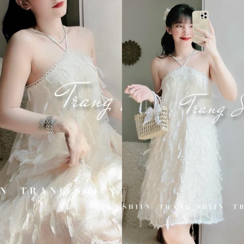 Đầm váy suông lông phối ren kem dây cổ yếm, thời trang tiểu thư hot girl sang trọng dễ thương đi chơi dạo phố dự tiệc