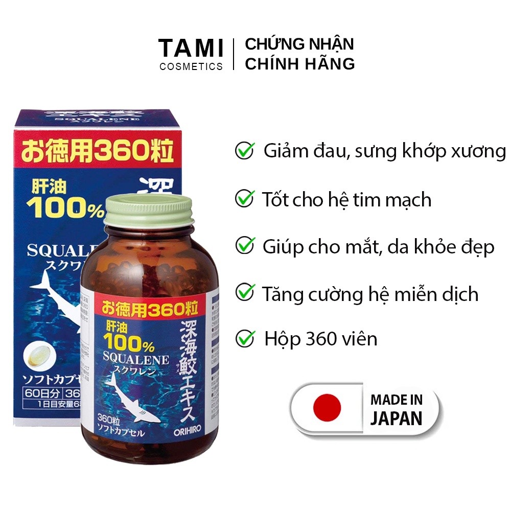 Viên uống dầu gan cá mập ORIHIRO Squalene Nhật Bản hỗ trợ xương khớp, tim mạch 360 viên/lọ TM-OR-SQU01