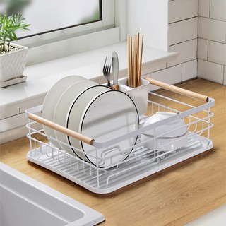 Kệ Úp Chén Bát, Tay Cầm Gỗ (Có Khay Hứng Nước)