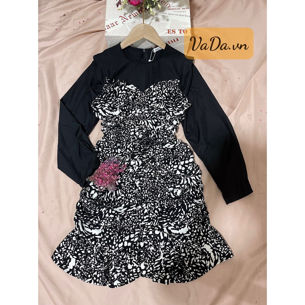 Đầm body tay dài phối hoạ tiết bèo lai nhúng che khuyết điểm V2 tốt - Thời Trang VADA - VB93 | BigBuy360 - bigbuy360.vn