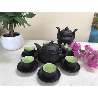 Bộ ấm trà Tử Sa - Bát Tràng đắp trúc đen 250 ml