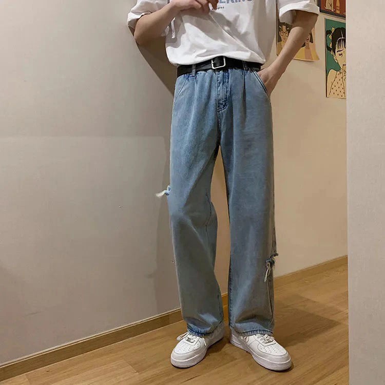 Men jeans Wide Leg denim pant Loose Straight Baggy men's jeans Streetwear Hip Hop casual Skateboard pants S-5XL Neutral trousers Men's jeans with holes, loose fitting, straight tube, Hong Kong style, versatile, loose and slim, daddy's wide leg beggars' pa