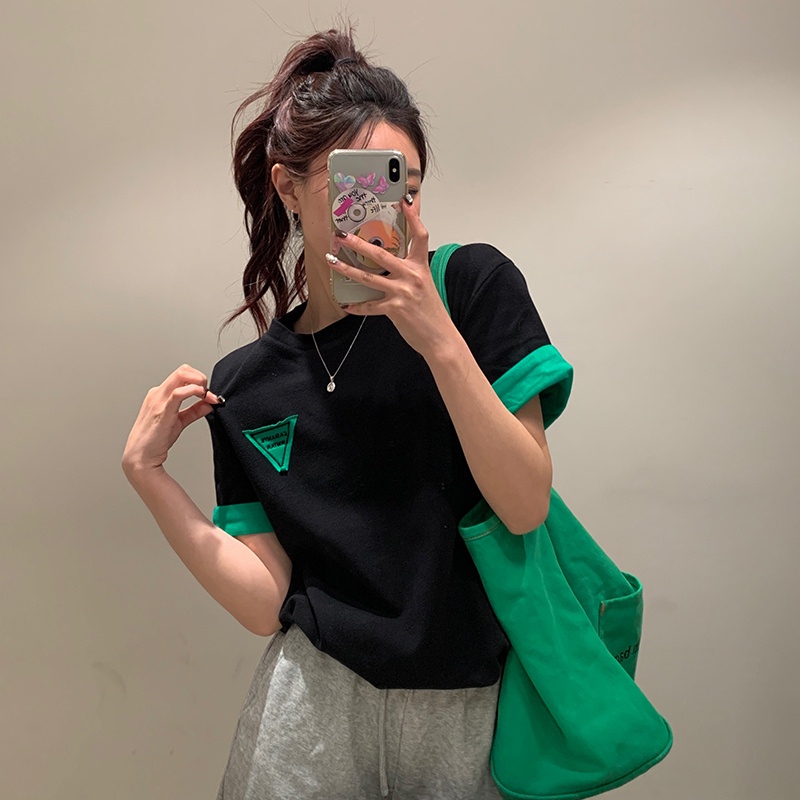 SUXI Áo Thun Cotton Cổ Tròn Tay Ngắn Dáng Rộng In Chữ Phối Màu Tương Phản Thời Trang Mùa Hè Cho Nữ