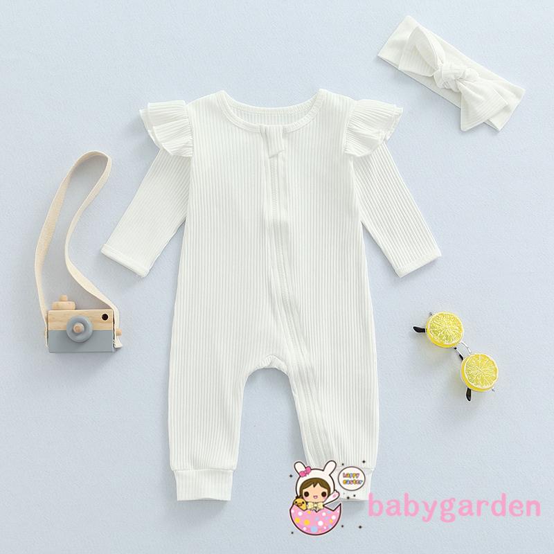 Bộ Áo Liền Quần Tay Dài Cổ Tròn Có Khóa Kéo Màu Trơn + Băng Đô Cài Tóc Xinh Xắn Cho Bé Gái 0-18 Tháng Tuổi